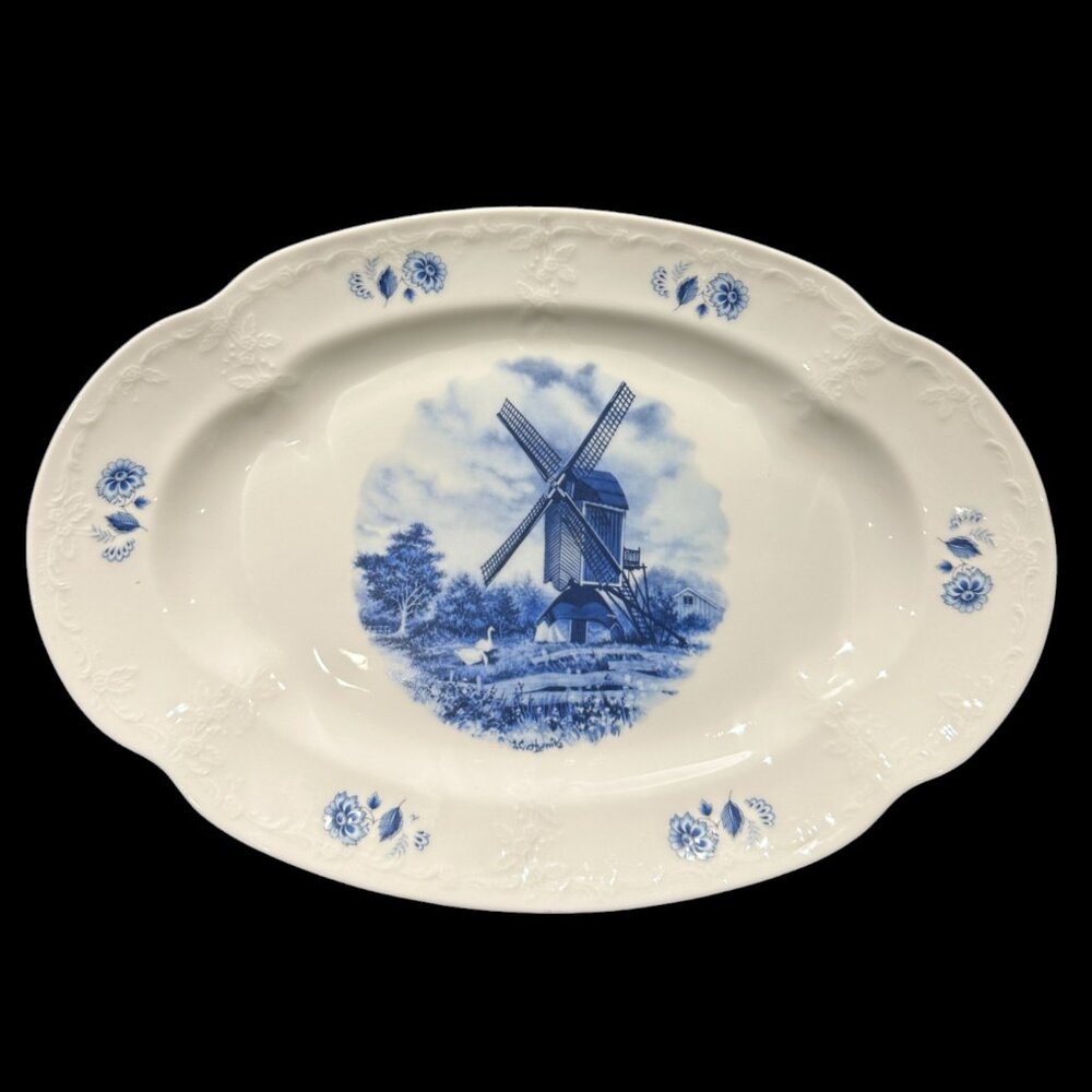 Rare Vintage Deft Blauw Ter Steege Oval Platter, Embossed Windmill Plate